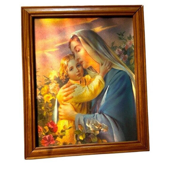 Vintage Mary Baby Jesus Foil Religious Art Golden Framed Madonna & Child - Picture 1 of 4